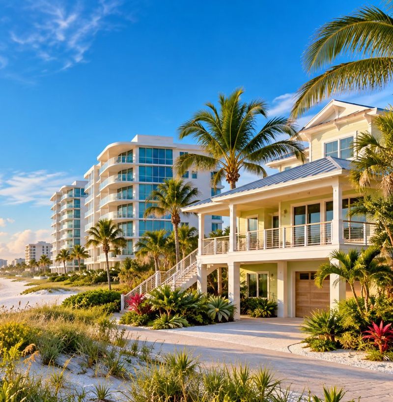 Gulf beach with condo towers and an elevated beach house